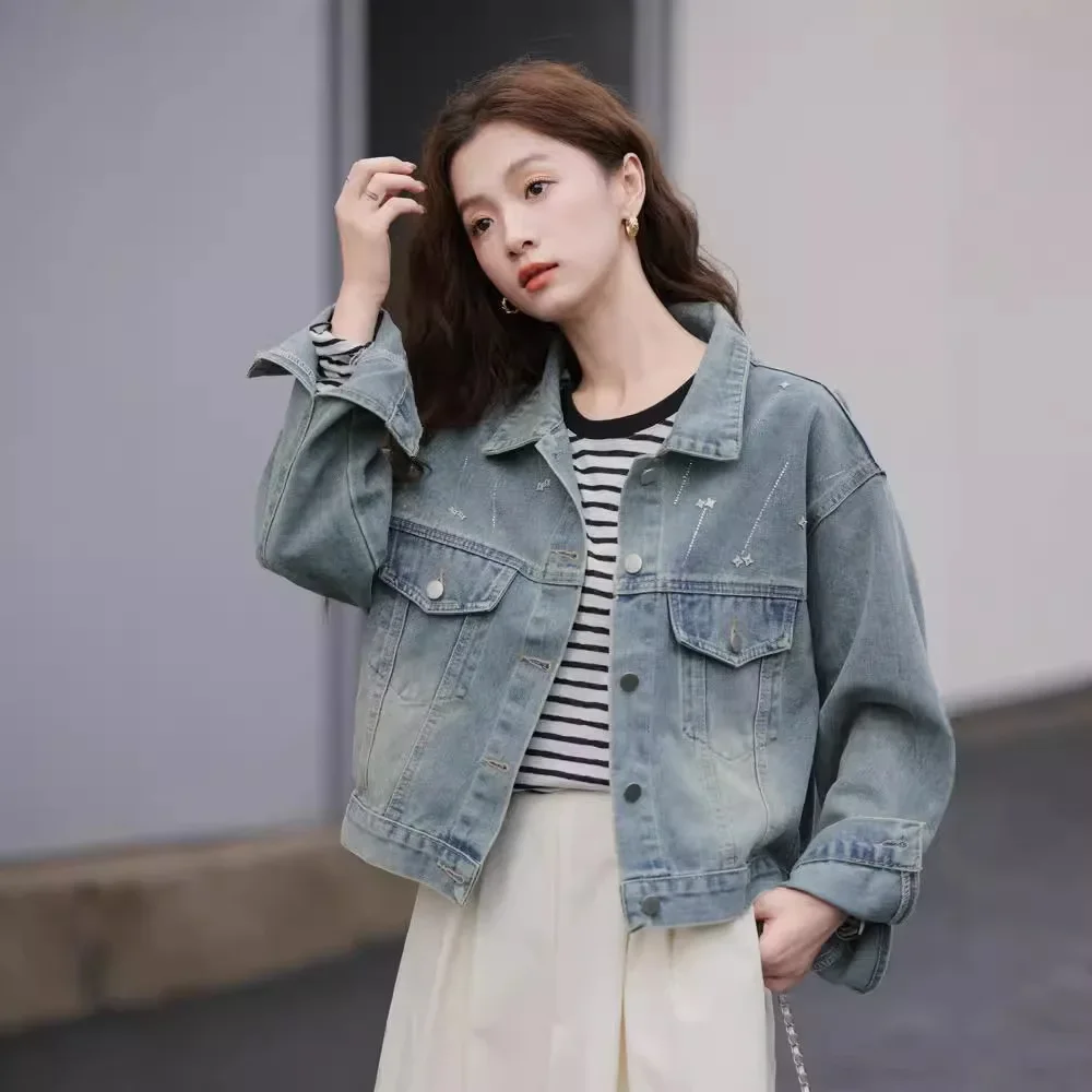 Винтажная джинсовая короткая куртка в американском стиле женская осенняя