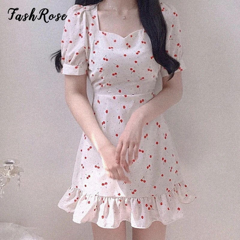 

FASHROSE Cherry Print Sweet Ruffles A-line Mini Dresses Short Sleeve Summer Coquette Aesthetic Soft Casual Square Collar Dress