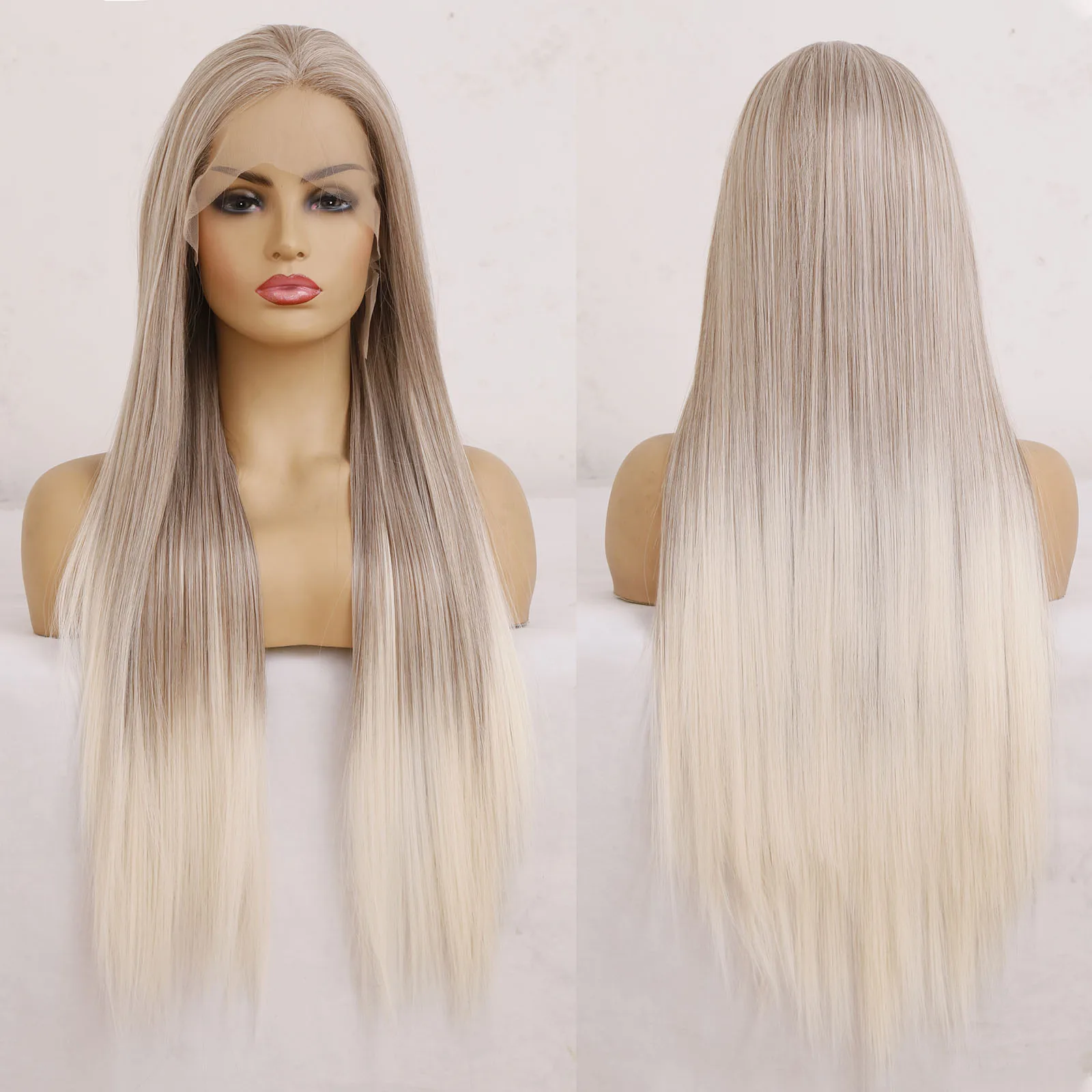 

AIMEYA Ombre Blonde Wig with Highlights Long Silky Straight Synthetic Lace Front Wig for Women Heat Resistant Fiber Middle Part