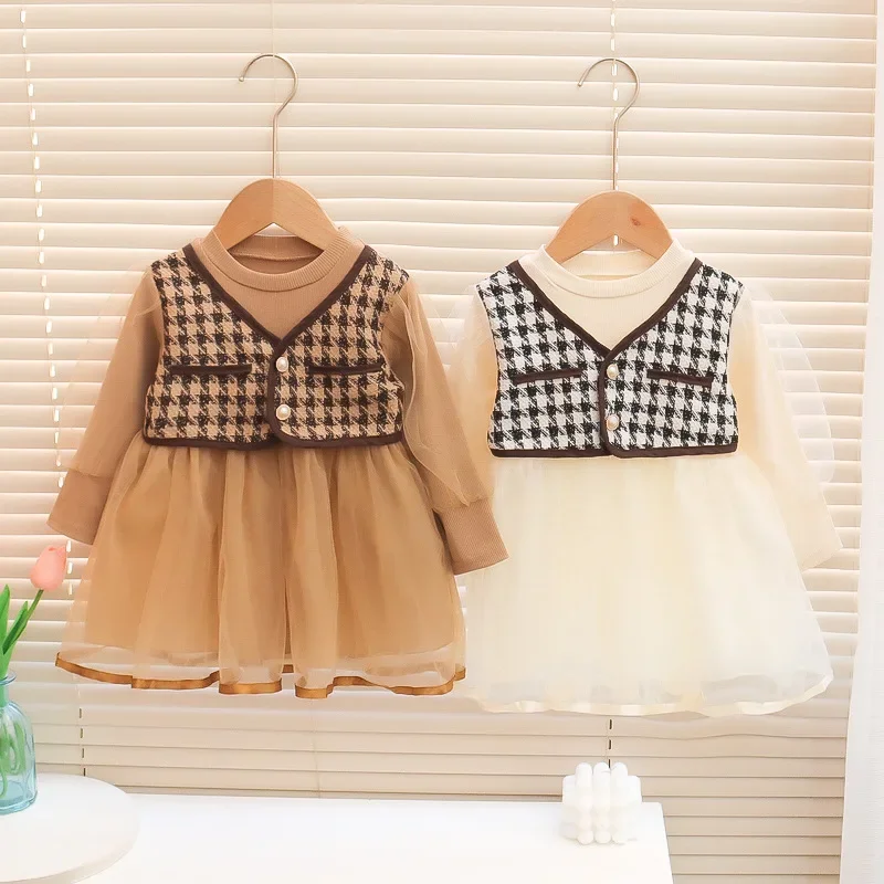 

Осень 2023, модное клетчатое платье с имитацией двух предметов для девочек, два цвета