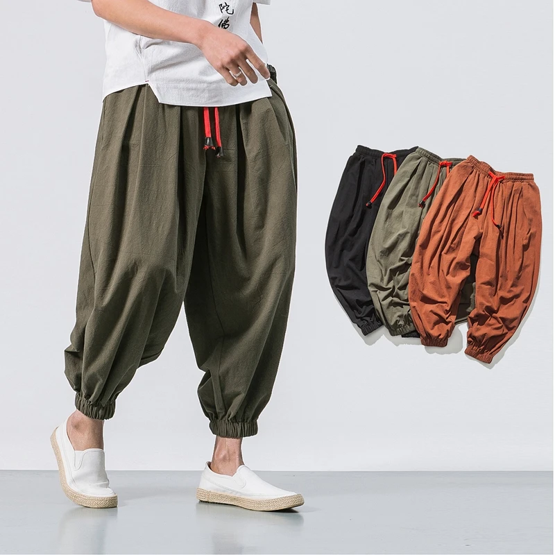 

Summer Loose Harem Pants For Men Cotton Linen Baggy Joggers Pants High Quality Solid Color Casual Bloomers Oversize Trousers Men