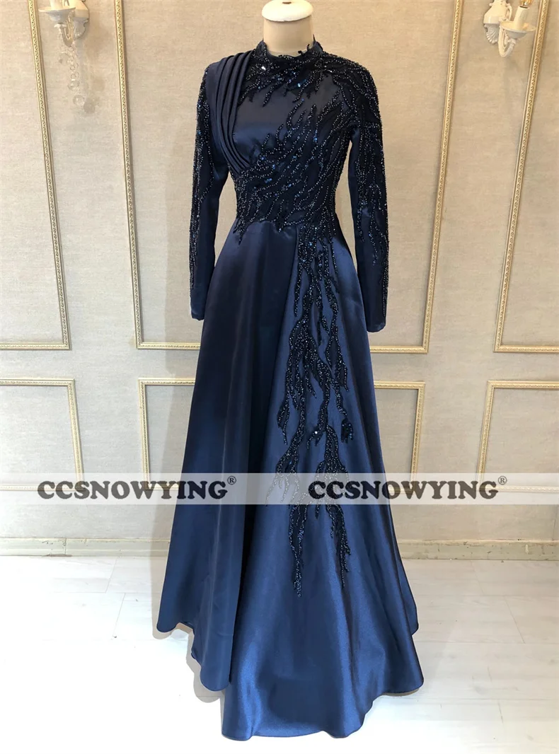 

Navy Blue Satin Appliques Muslim Evening Dresses Full Sleeve Hijab Islamic Formal Party Gown Women Arabic Kaftan Robes De Soirée