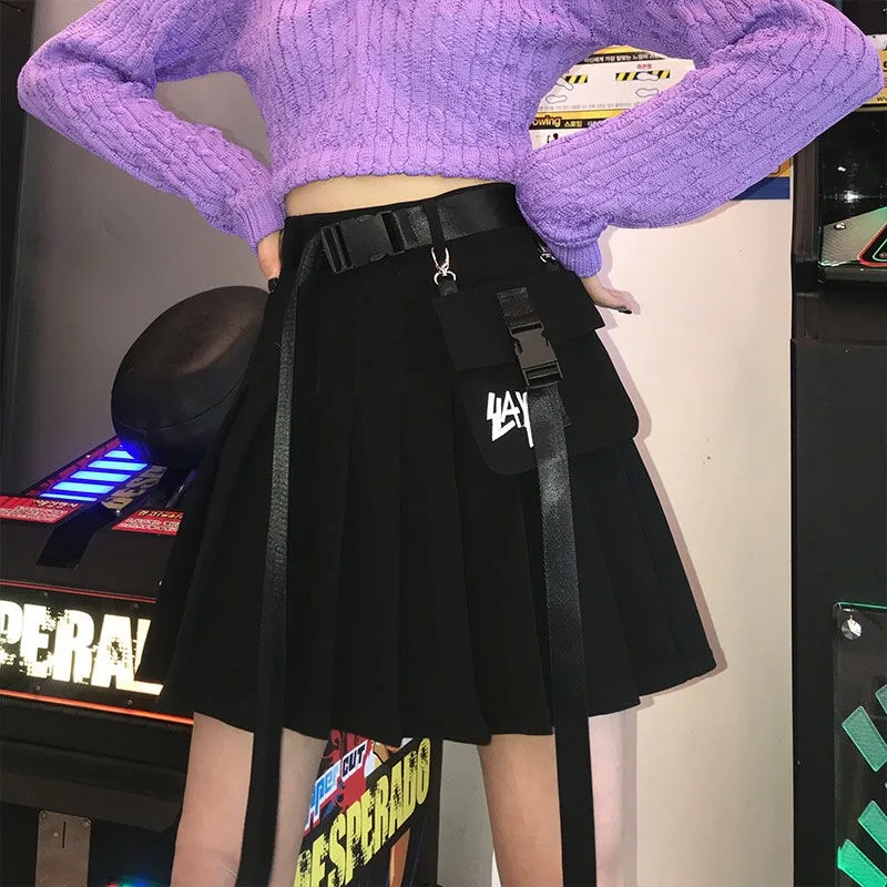

Женская модная плиссированная юбка с поясом и карманами, Женская Повседневная трапециевидная мини-юбка с высокой талией, женские крутые юбки в стиле Хай-стрит в стиле панк