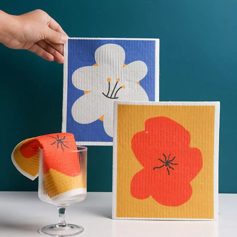 

Thin Cleaning Cloth Oil-Free Swedish Dishcloth for Kitchen Household Print Tea Towel Super Absorbent Nordic Hand Towel