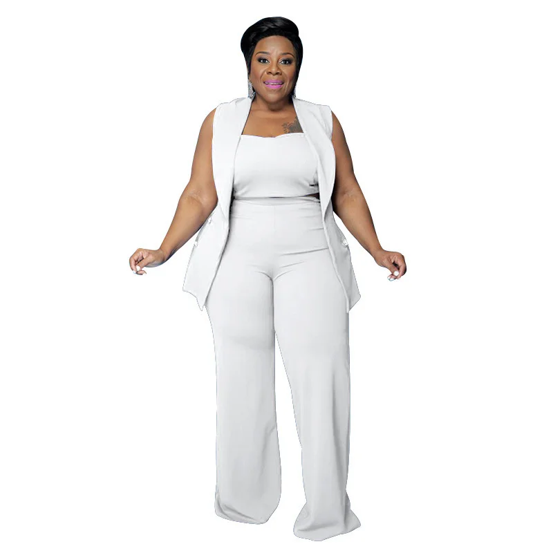 Plus Size Matching Sets Women's Suit  Fat Mm Solid Color Slim Size Women's Summer Three Piece Suit Chic Elegant Woman Pants Set