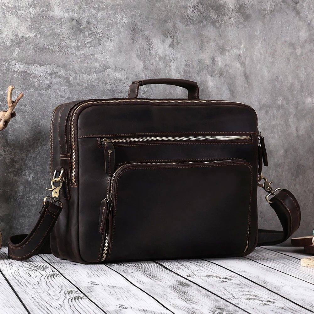 Портфель мужской из кожи Крейзи Хорс, в стиле ретро, брендовая деловая сумка большой вместимости, сумка для компьютера 15,6 дюйма из натуральн...