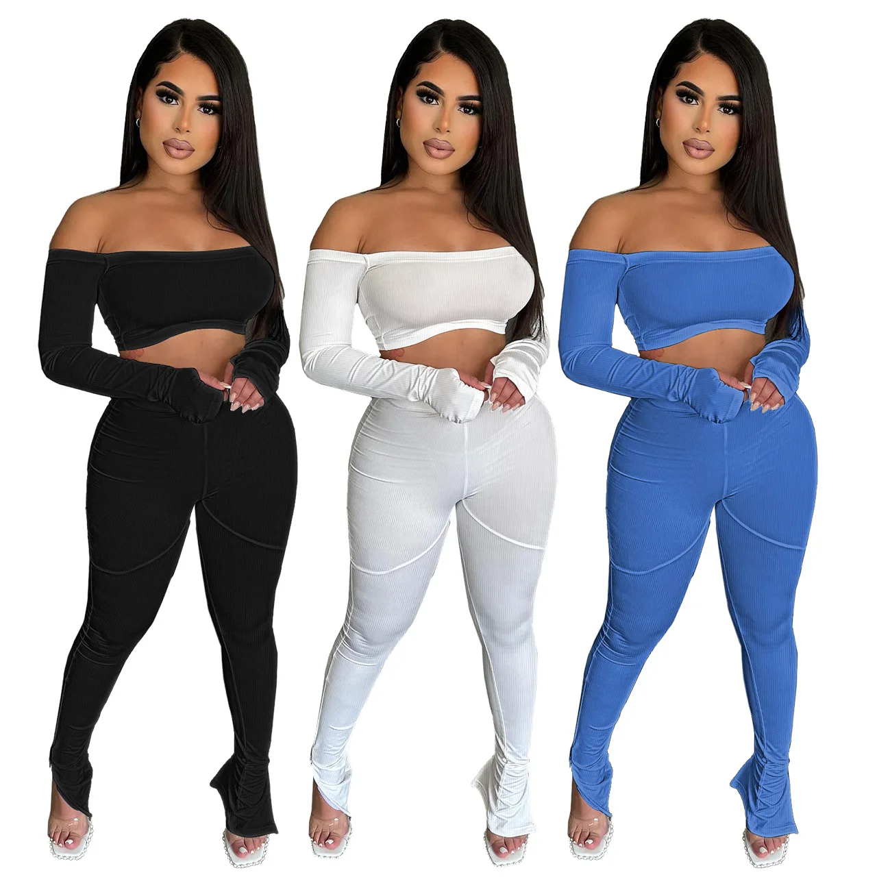 

Sexy Knitted Two Piece Pant Sets Women Long Sleeve Off Shoulder Tube Top Bottom Split Skinny Autumn Outfits Tracksuit Clubwear