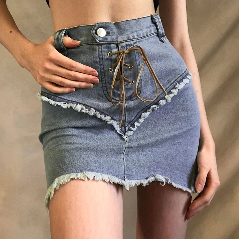 

Summer Slim Fashion Sexy Club Bandage Rough Selvedge High Waist Casual Vintage Mini Skirt Women Girl Washed Denim Skinny Skirts