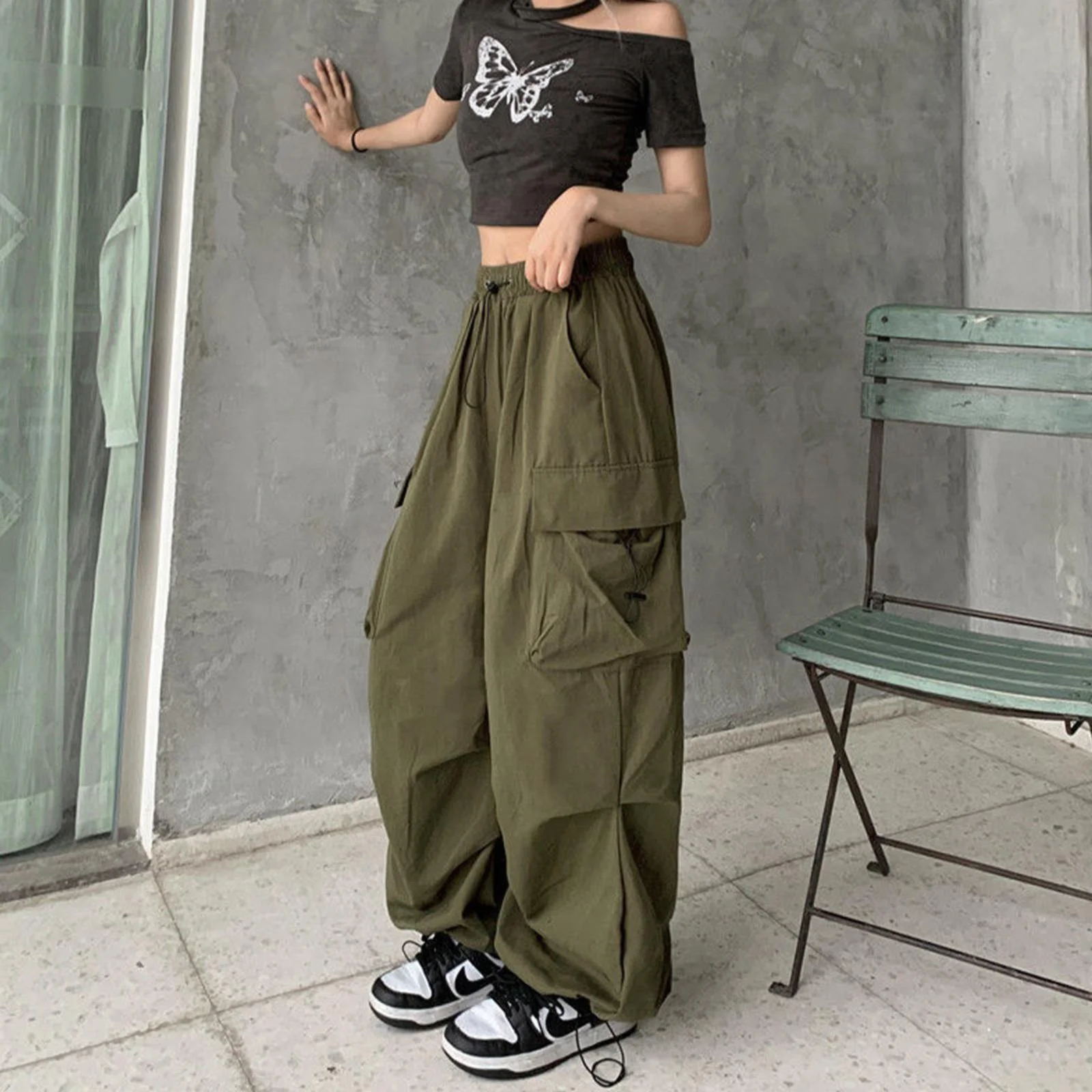 Ladies Baggy Cargo Pants Streetwear Hip Hop Joggers Sweatpants Drawstring Casual Loose Wide Leg Pants For Women