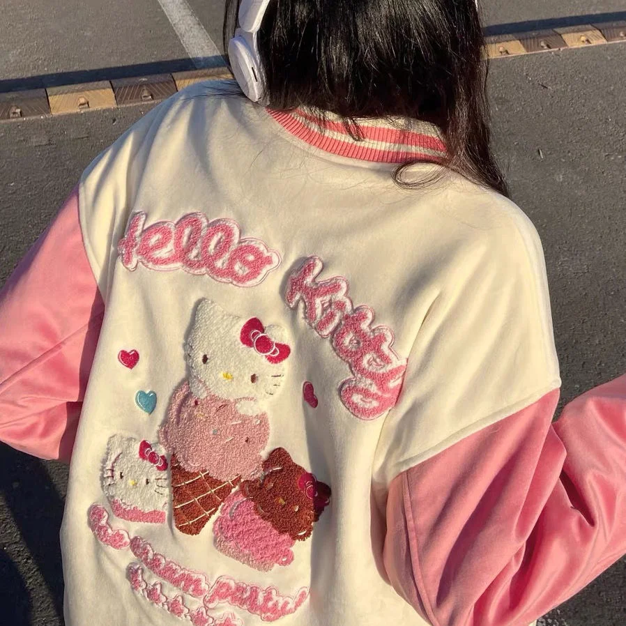 

Plush Hello Kitty Clothes Ice Cream Pink Velvet Fabric Jacket Baseball Jacket Hight Quality Fashion Luxury Coat Women Sweatshirt