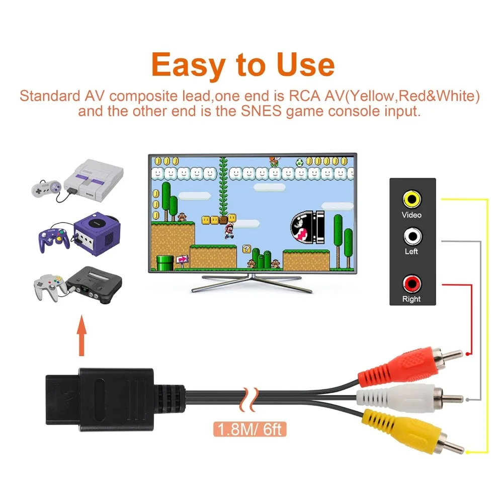 Фото Высококачественный AV-кабель N64/Gamecube/SNES/SFC, аксессуары для видеоигровой консоли в стиле ретро, 1,8 м/6 футов, композитный кабель для ТВ, аудио и видео, шнур №3