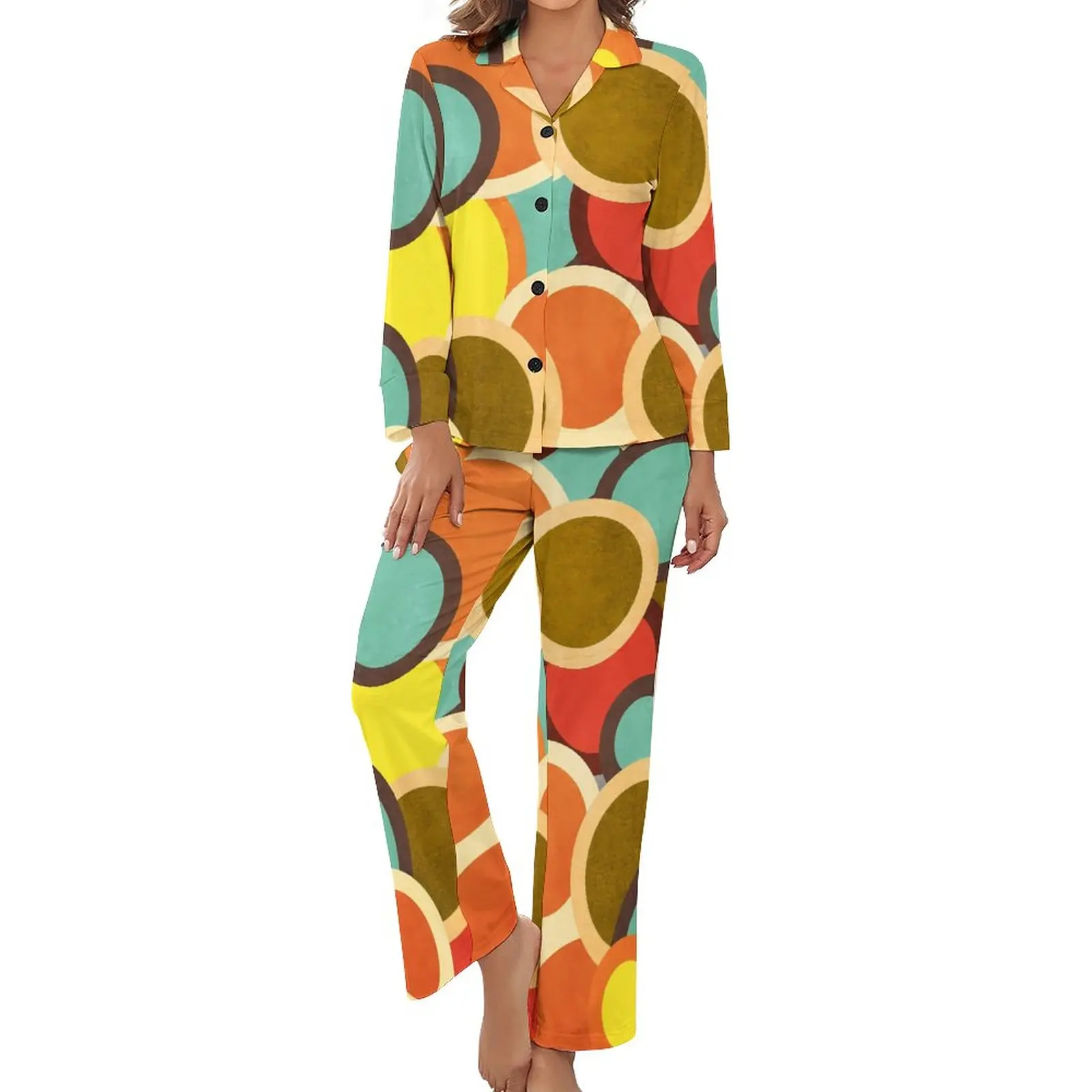 

Retro Mod Pop Pajamas Disco 70s 60s Casual V Neck Sleepwear Women 2 Piece Graphic Long Sleeve Fashion Pajama Sets