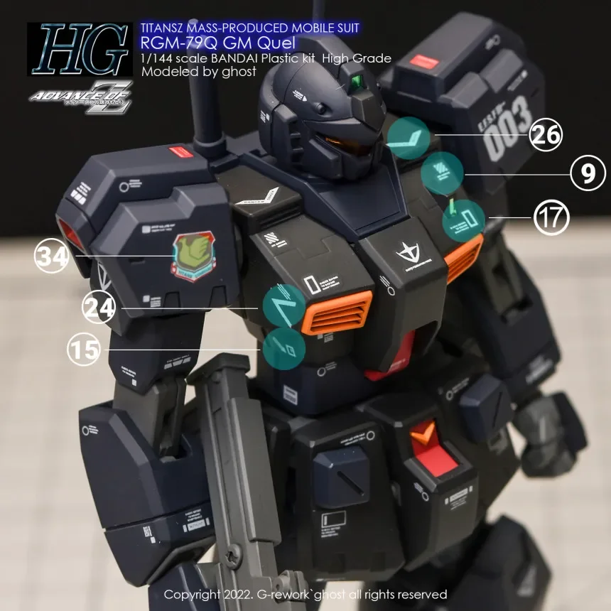 Фото Водные наклейки-декали для HGUC 1/144 RGM-79Q GM Quel TITANS, высококачественные флуоресцентные стикеры, детали для сборки моделей, DIY-комплектующие №5