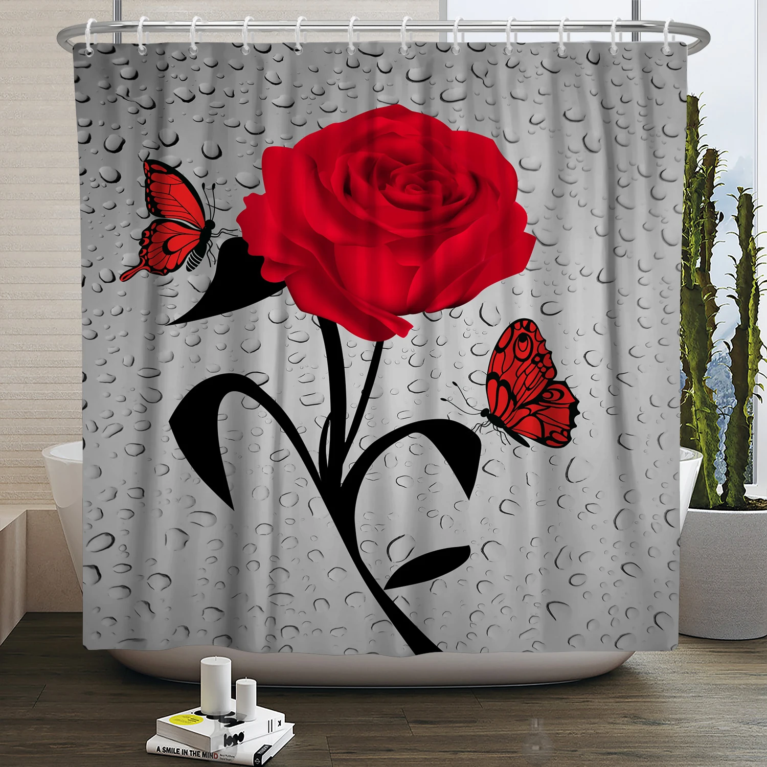 

Rose Flower Butterfly Shower Curtain For Bathroom White And Green Printed Waterproof Polyester Bathroom Shower Curtain Home