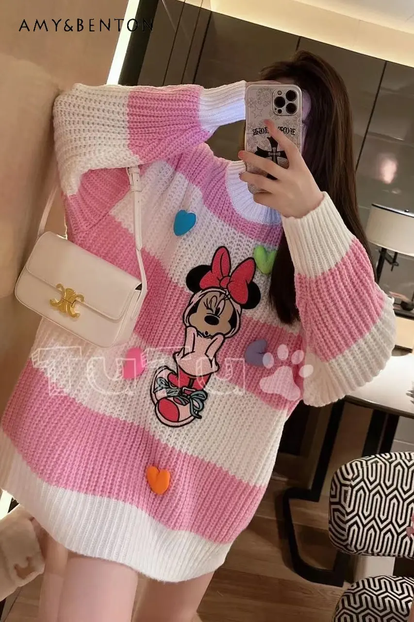 Women's Sweet Soft Sweater Outer Wear Autumn and Winter Cartoon Loose Mid-Length Knitted Padded Pullover Tops for Ladies