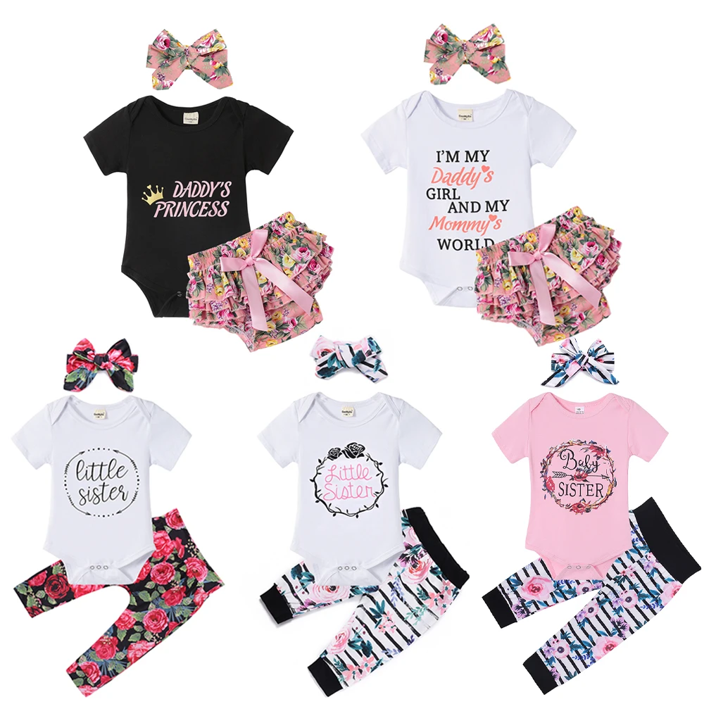 

3Pcs Newborn Clothes Baby Girl Clothes Sets Infant Outfit Romper Little Sister Top Bow Floral Pants New Born Toddler Clothing