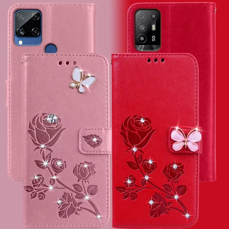 

Coque 3D Rose Flip leather Case for OPPO Realme C15 C12 C17 5 5I 5S 6i C3 6 7 Pro C3 Case Funda OPPO A1K A5 A9 2020 Case Cover