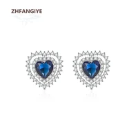 zhfangiye trendy earrings 925 silver jewelry with sapphire zircon gemstone heart shape stud earrings for women wedding party