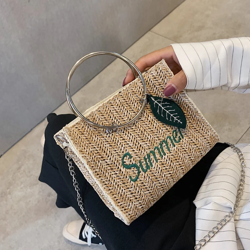 

QIAOSANSAN Women's Handbag Designer New Trendy Straw Weaving Fresh And Simple Shoulder Tote Bag Metal Circle Handle