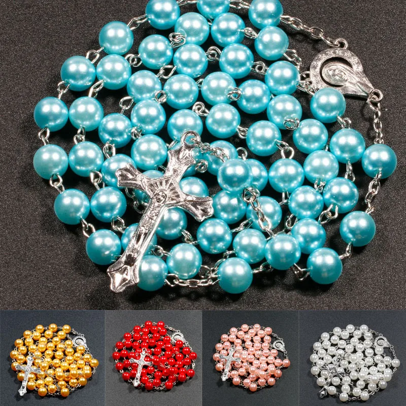 

70cm Faux Pearl Rosary Necklace Virgin Mary Jesus Cross Pendant Long Beads Chains Women Men Fashion Party Jewelry