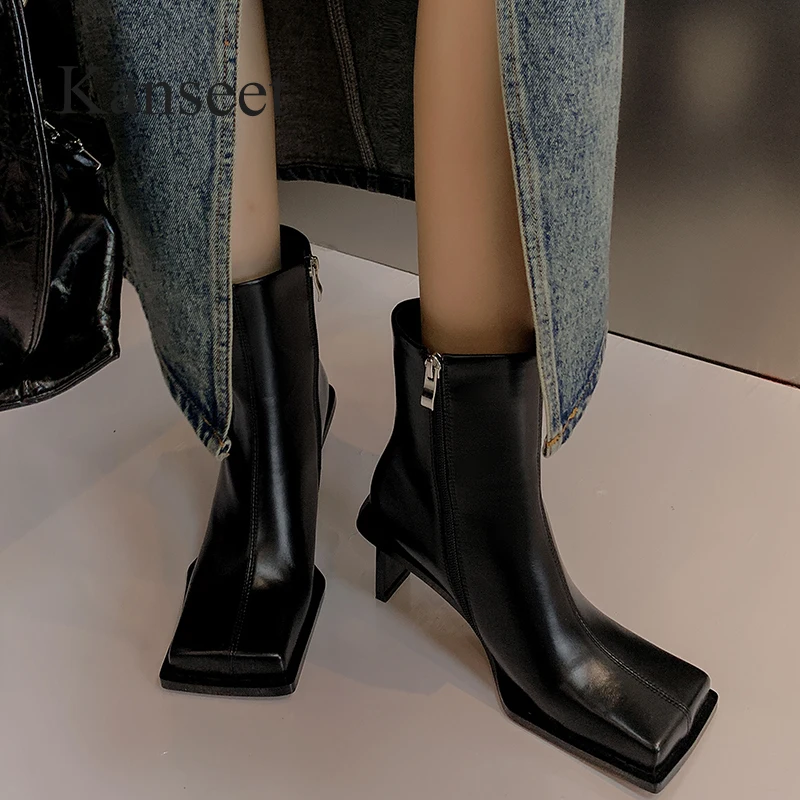 

Женские короткие ботинки Kanseet с квадратным носком, модная дизайнерская обувь из натуральной кожи на молнии, ботильоны на высоком каблуке, Размеры 33-41, для осени и зимы