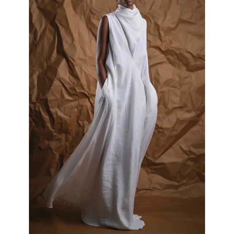 

Bohemian loose sleeveless pile collar asymmetrical floor-length dress with pocket White army green black linen boho clothes 2023