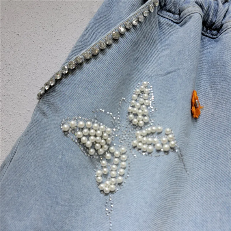 2023 Summer New Heavy Industry Butterfly Flower Drawstring High Waist Slimming Wide-Leg Denim Shorts Women