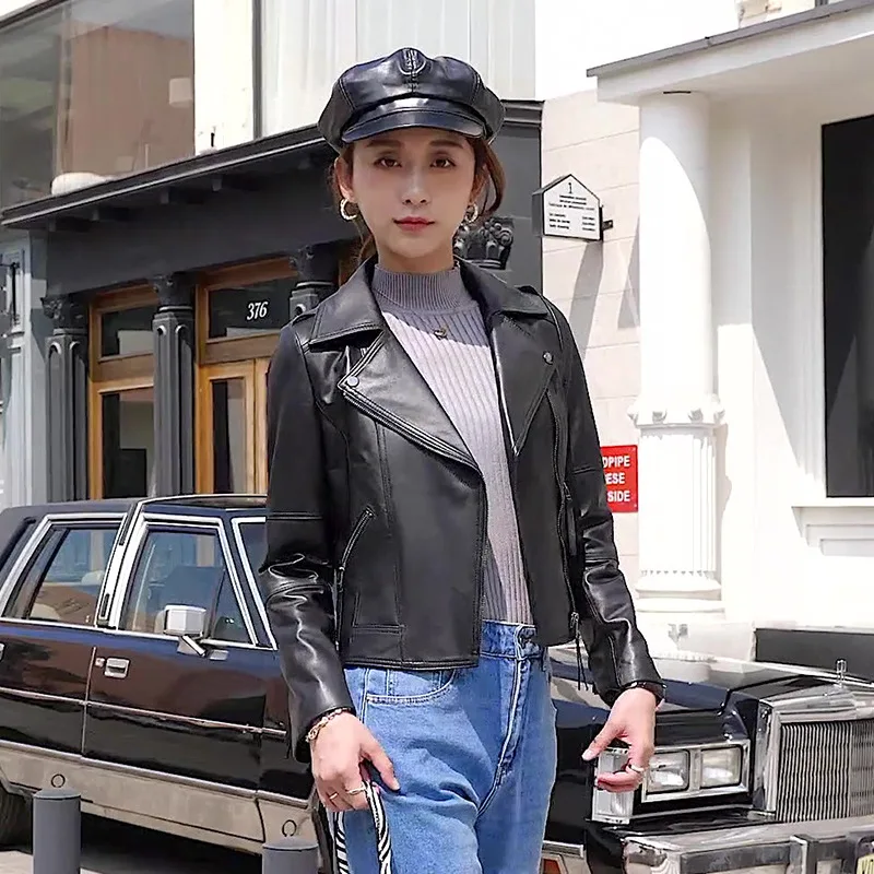 Genuine Leather Jacket Women Black Motorcycle Sheepskin Leather Coat Women Fashion High Street Leather Jackets Casaco Feminino F