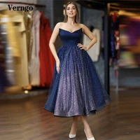 verngo navy blue prom dresses a line sweeteart sparkly tulle skirt tea length party formal gown women robe cocktail dress