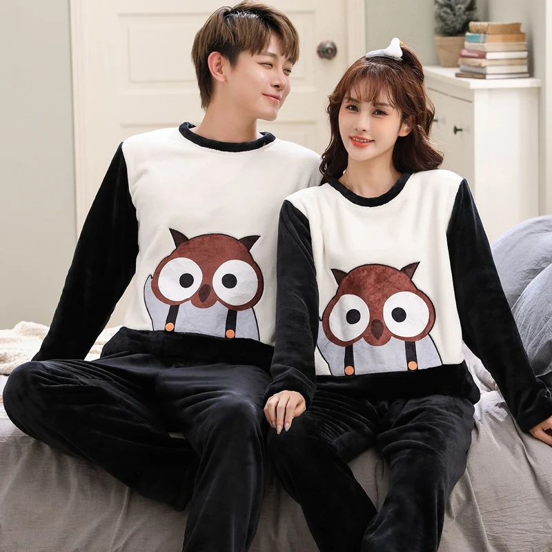 2022 Winter Couple Long Sleeve Thick Warm Flannel Pajama Sets for Men Cute Cartoon Sleepwear Pyjamas Women Homewear Home Clothes