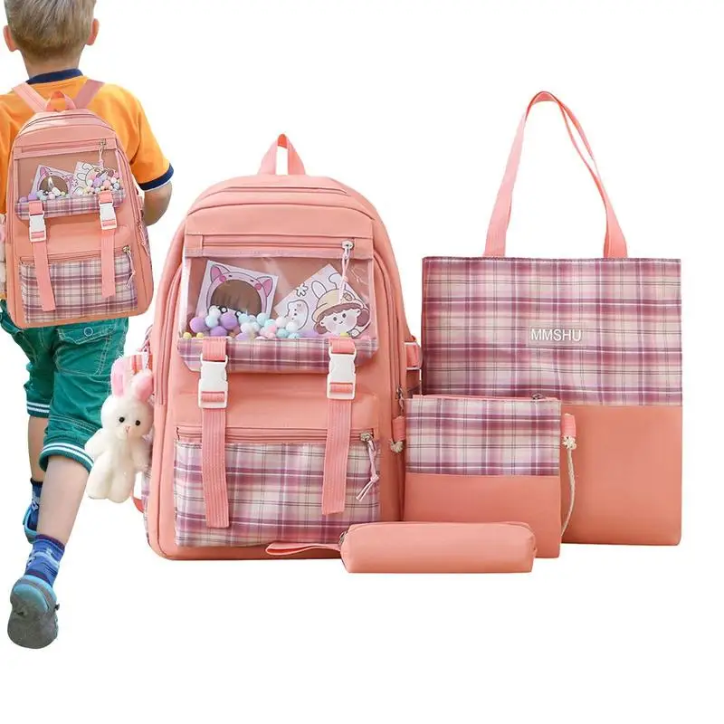 School Bags Set Aesthetic School Bag 4pcs School Bag Set With Bunny Pendant Holds Books Pens Snacks Toys Water Bottles