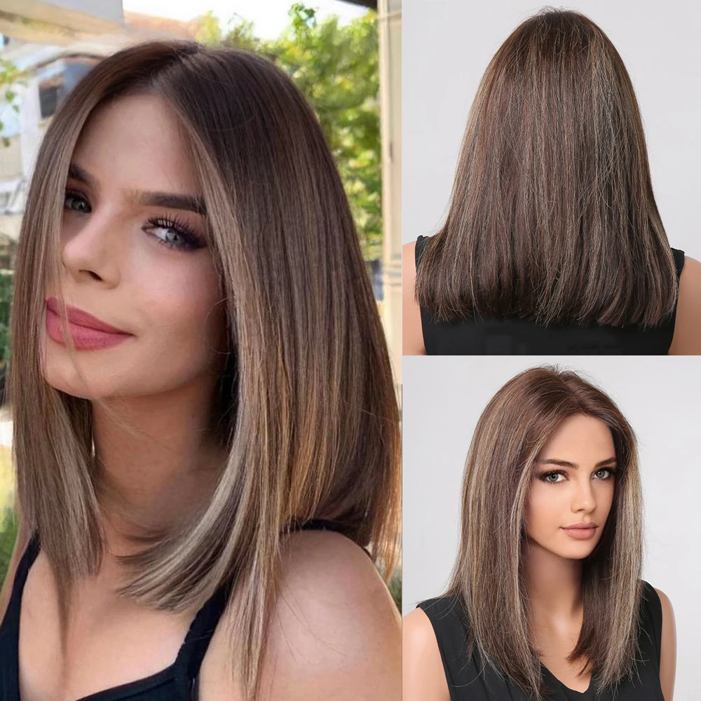 HAIRCUBE Dark Brown Bob Lace Front Human Hair Wig with Blonde Highlights Shoulder Length Lob Hairstyle Remy Hair Wigs for Women