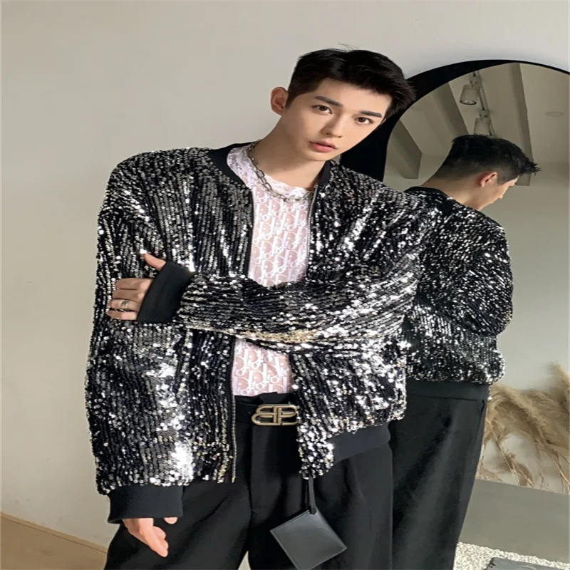 Dj Nightclub Men'S Stage Costume Fashion  Spring And Autumn Sparkling Sequins Baseball Collar Jacket Reflective Coat Fashio