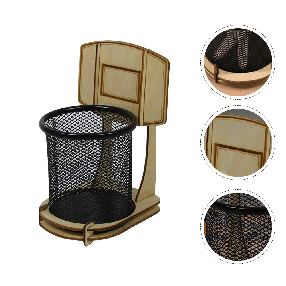

1Pc Pen Holder Wooden Basketball Stand Organizer Metal Holder for Kids Desk Office Home School Supplies