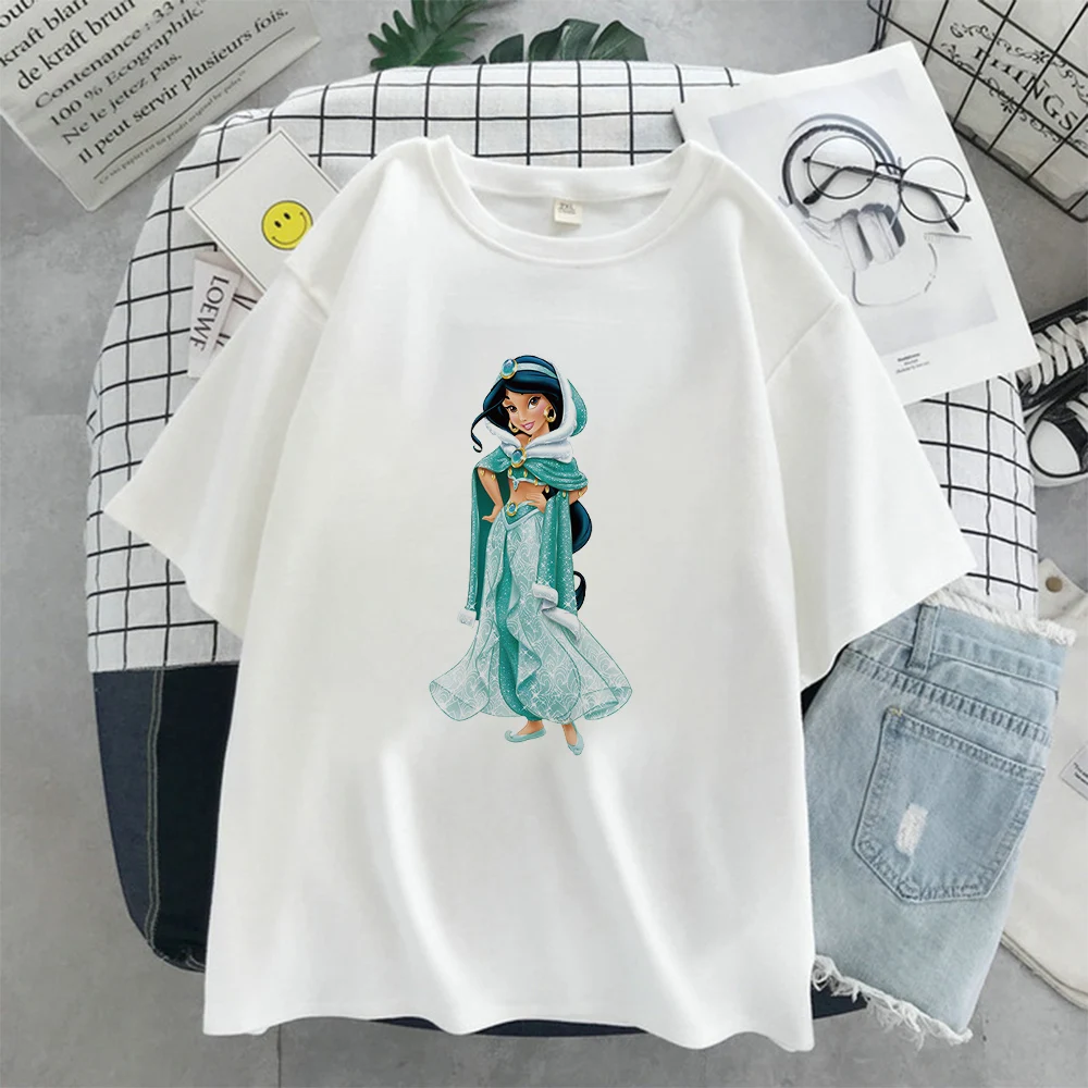 

Disney Women T Shirt Fashion White Print Clothes Jasmine Princess Graphic Short Sleeve Female Tops Tees High Quality T-Shirt