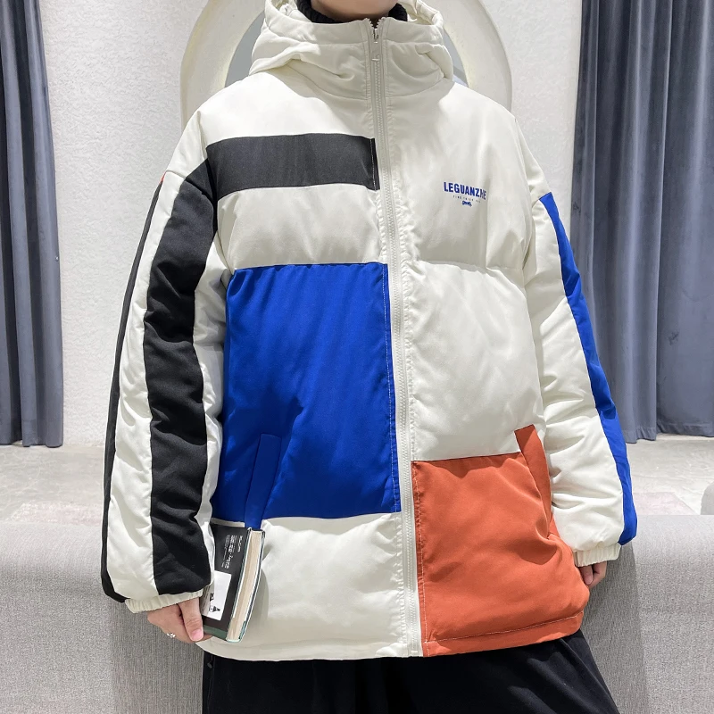 2022 New Winter Mens Hooded Parkas Thicking Casual Loose Warm Coat Korean Patchwork Style Ins Streetwear Cotton Jacket Oversized