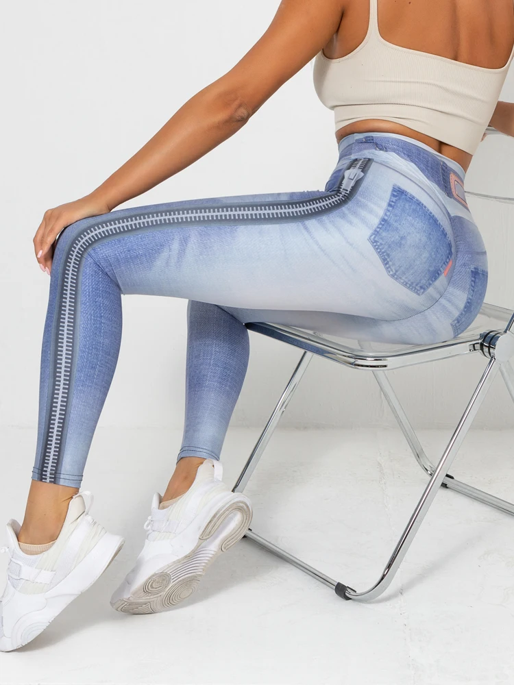 

Fitness Yoga Pants High Stretchy Printing Imitation Jeans Leggings High Waist Tights Leggings Women Workout Running Sportswear