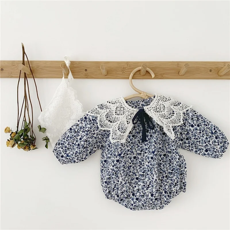 

Spring Baby Romper Children's Long Sleeve Floral Pattern Triangle Bodysuit Detachable Lace Collar Kid Clothes Give Away Headband