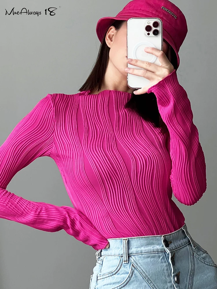 

Mnealways18, шикарные футболки из Джерси со складками, Женские топы с высоким воротником, Весенняя Повседневная облегающая футболка с длинным ру...