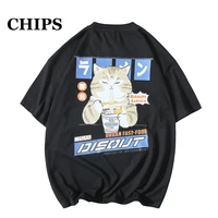 chips new japanese style cat print summer men vintage oversize summer printed casual tee streetwear harajuku top tshirt y2k