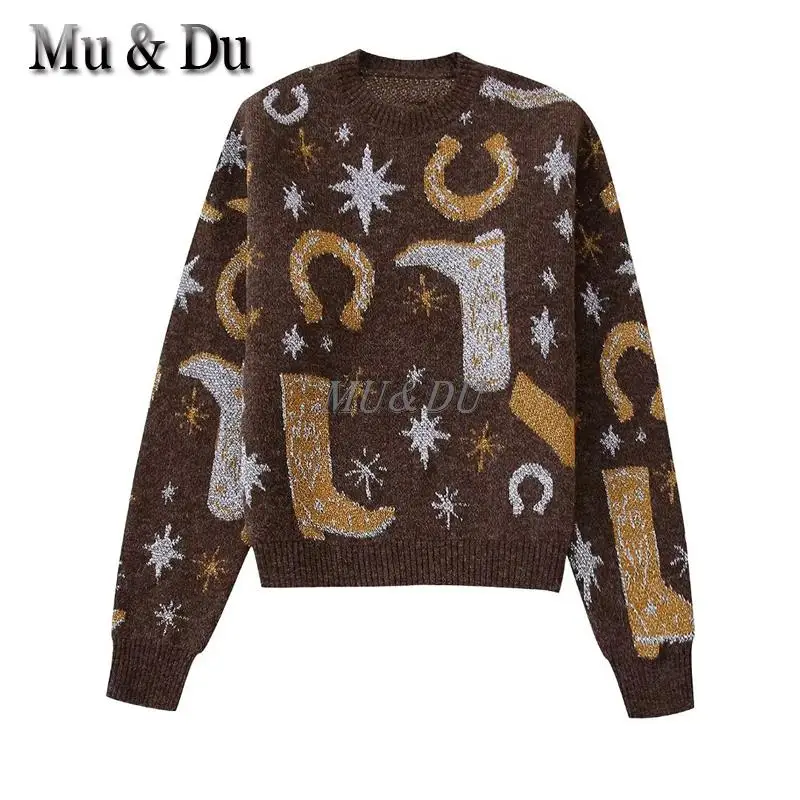 

Mu&Du 2023 Vintage Women Fashion Chic Christmas Prints Crew Neck Knit Sweater Female Warm Long Sleeve Top Pullover Mujer Jumper