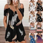 Женское платье с принтом перьев, Повседневное платье средней вечерние ны на молнии с V-образным вырезом и открытыми плечами, лето 2022