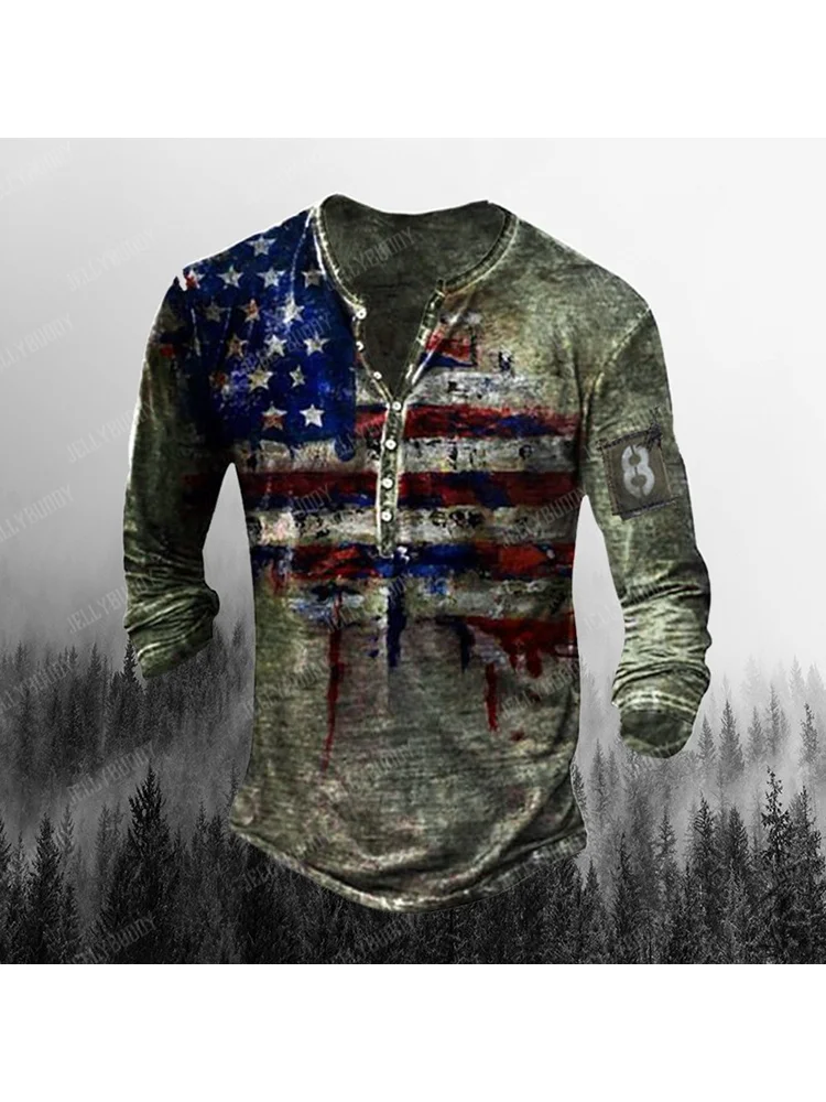 

2023 Men's Long Sleeve T-shirt Printed Henry Shirt Top Y2k Street Cotton Long Sleeve Plus Size T-shirt Men's Clothing