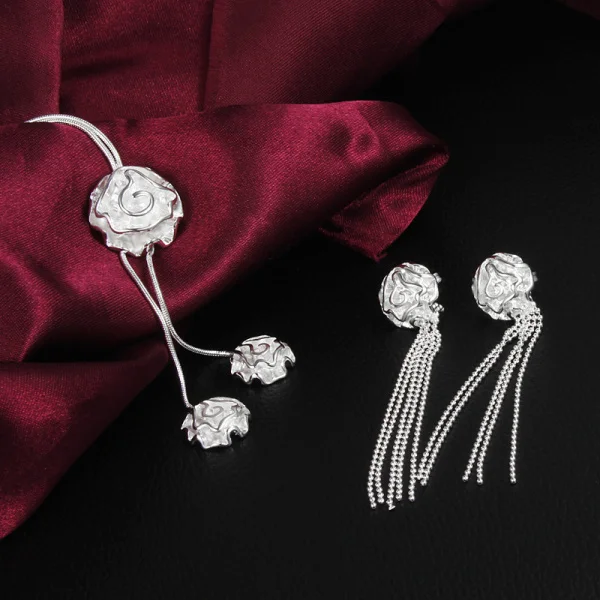 

925 sterling Silver rose flower necklaces earring stud Jewelry set for women fashion Party wedding accessories Christmas gifts