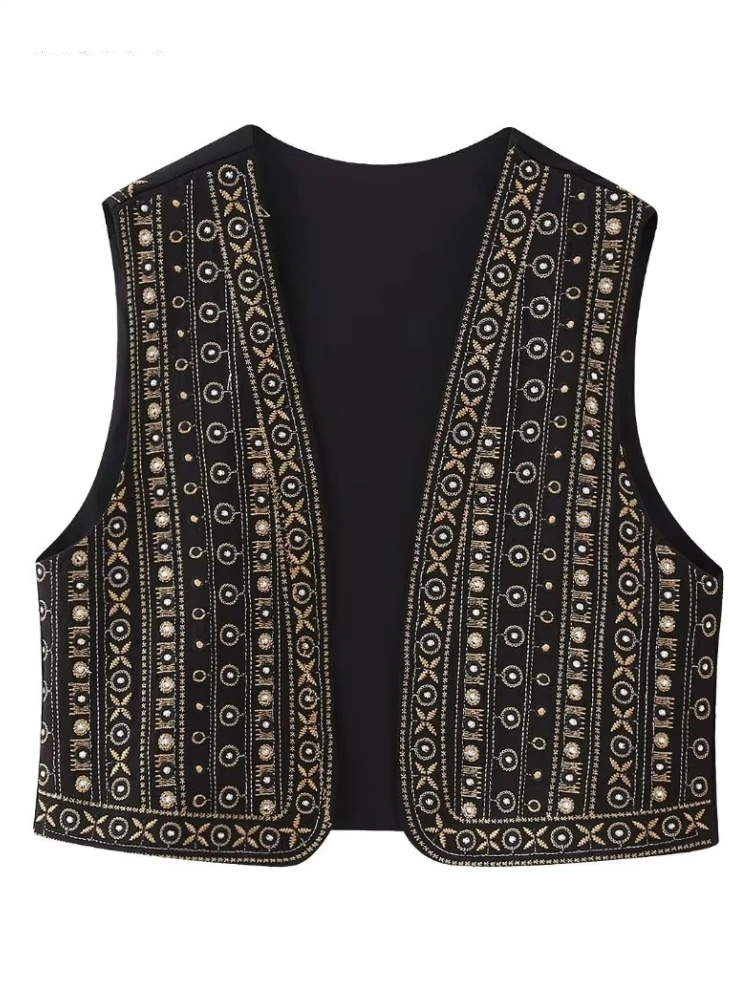 

TRAF Women Vintage V Neck Beading Flower Embroidery Short Vest Jacket Ladies Sleeveless Casual Cardigan Waistcoat Tops