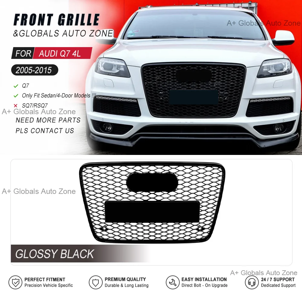 Фото Решетка радиатора RSQ Style Honeycomb Mesh, глянцевая черная, для Audi Q7 4L 2005-2015, замена передней решетки бампера, черные гоночные решетки. №1