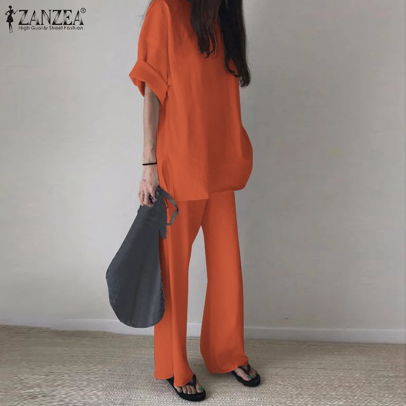 

Elastic Wide-legged Pants ZANZEA Spring Women Bohemian Elegant Loose Casual Suit 2PCS Buttons Three Quarter Sleeve O-Neck Blouse
