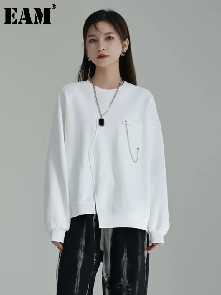 

[EAM] Loose Fit Black Irregular Sweatshirt New Round Neck Long Sleeve Women Big Size Fashion Tide Spring Autumn 2023 1DF4152