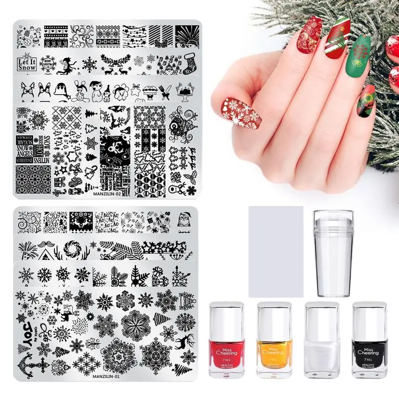 

Christmas Nail Stamp Plate Kit Cute Snowflake Snowman Santa Claus Design Nail Stamper Stencil Plates Sets For Nail Salon