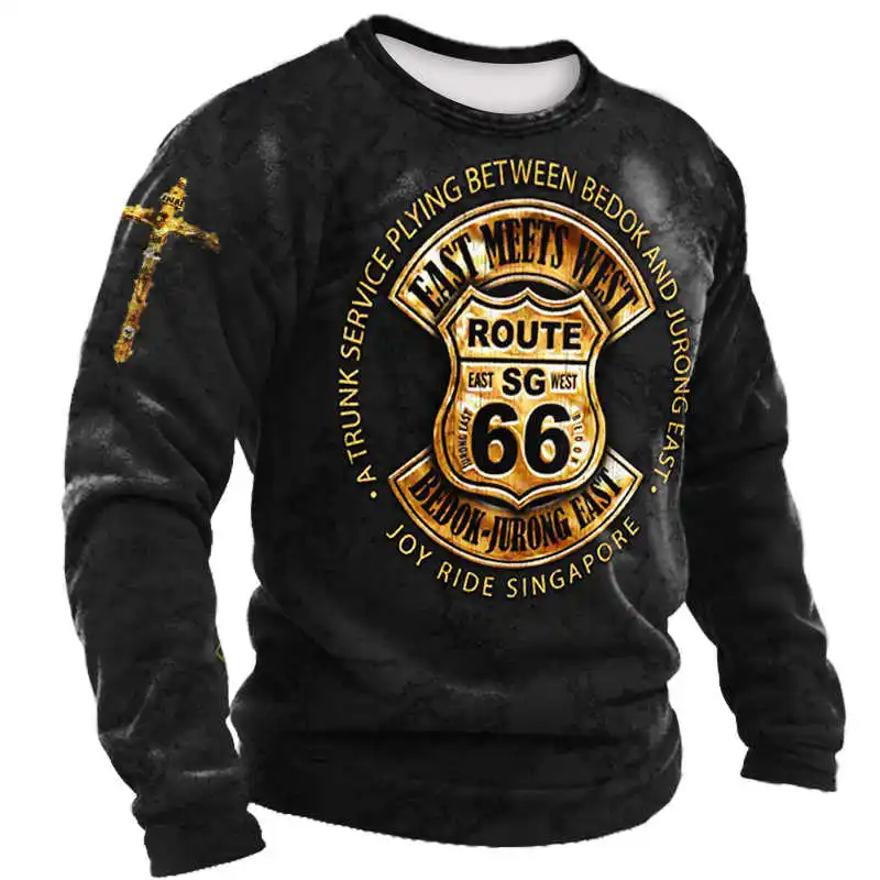 

Usa route 66 pattern letter printing 3d vintage men's long sleeved polyester top t-shirt draped oversized loose clothes